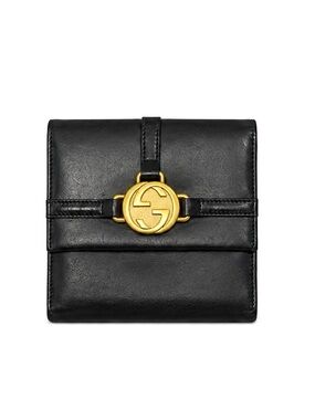 GUCCI GG Vintage Interlocking G Smooth Black Calfskin Leather Trifold Wallet